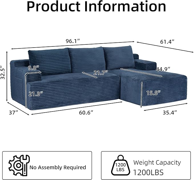 Boneless Couch Corduroy Cloud Sofa 96'' Sectional Couches Deep Seat L-Shaped Sofa No Assembly Pet-Friendly Apartment Couch for Living Room Small Spaces in a Box