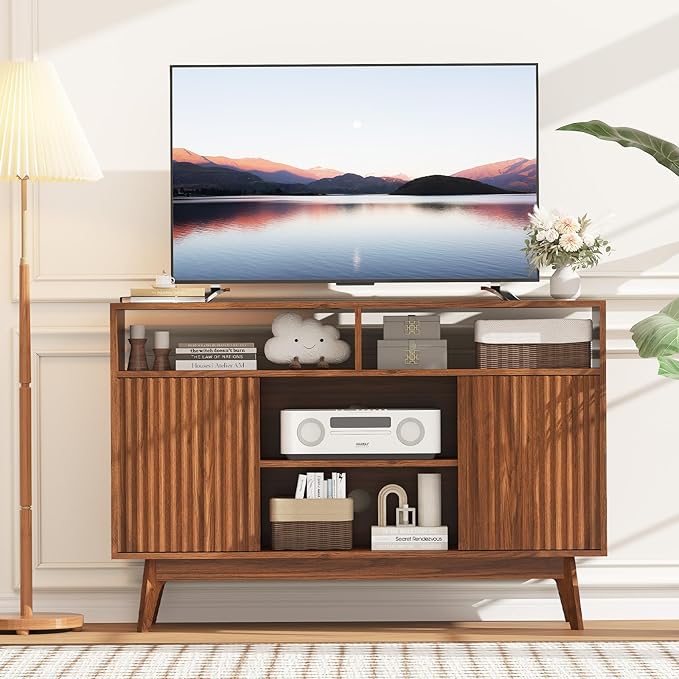 Concho Fluted TV Stand for 60 Inch TV Modern Entertainment Center with Storage and Shelves Wood TV Console with Solid Wood Legs Tall Media Console TV Cabinet for Living Room and Bedroom Walnut