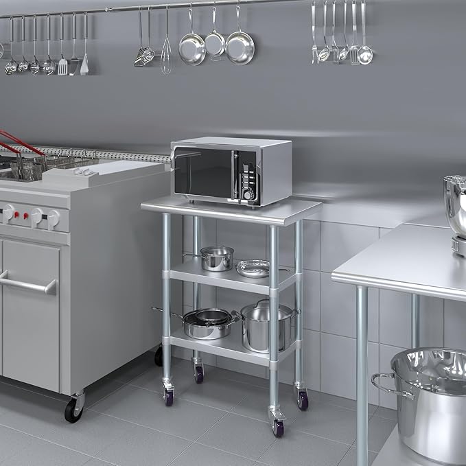 AmGood Stainless Steel Work Table with 2 Shelves and Casters | Metal Utility Table On Wheels (Stainless Steel Work Table with 2 Shelves + Casters 30 Long x 18 Deep)