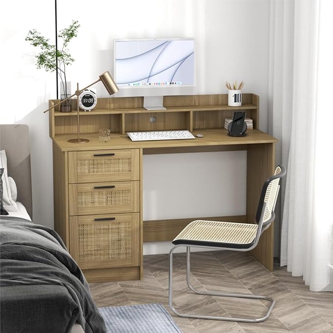ENSTVER Small Computer Desk with Drawers and Hutch ShelfHome Office Small Desk with Storage File DrawersBoho Rattan Writing Study Desk for Bedroom