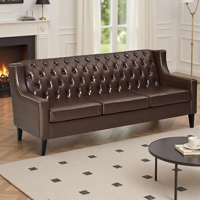 GDFStudio 78.75 3-Seater Sofa Button Tufted Backrest Big Comfy Couch with Cushions Mid Century Modern Couches Home Living Room Sofa Upholstered Sofas &amp Couches for Apartment Bedroom Dark Brow