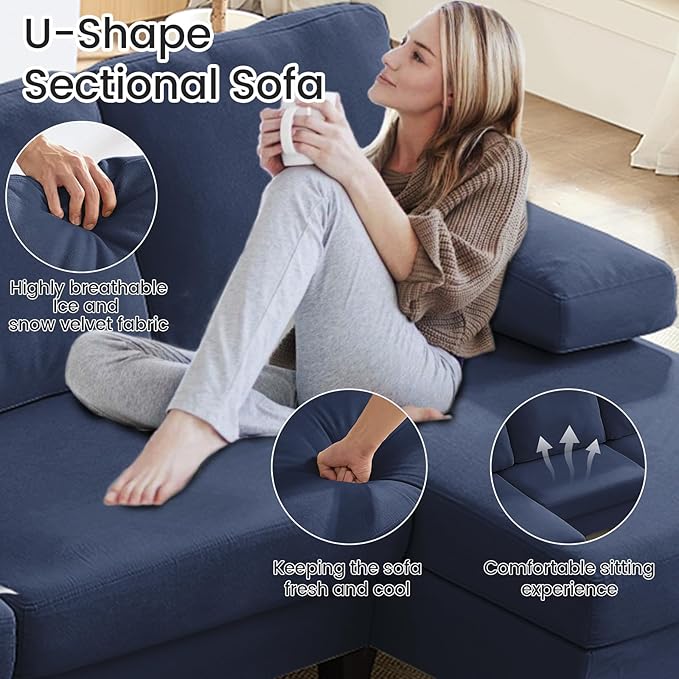 Mjkone 110 Width Sectional Couches with Chaises for Living Room U Shaped Cloud Sofa Couch with Ice Velvet Fabric Minimalist 4 Seater Sofa Set Living Room Sets Furniture for Home Office Blue