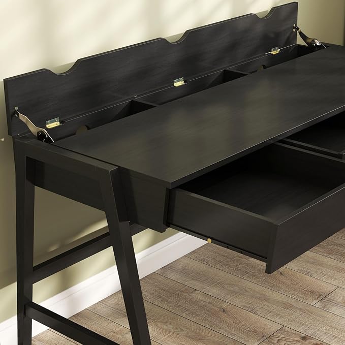 Black Wood Desk with Drawers Home Office Desk Mid Century Modern Writing Table for Bedroom Vanity Living Room Study Workstation