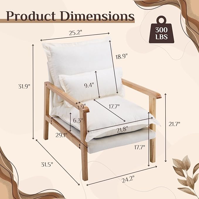 Karl home Midcentury Accent Chair for Living Room Chenille Upholstered Lounge Armchair with Lumbar Pillow Ruffle-Designed Cozy Reading Chair with Wood Legs Beige