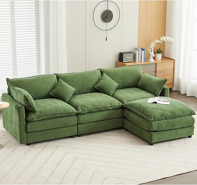 kevinplus 101'' Modular Sectional Sofa Couch L-Shaped with Convertible Ottoman for Living Room Modern Contemporary 3-Seat Fabric Sofa Couch Thick Cushion Green