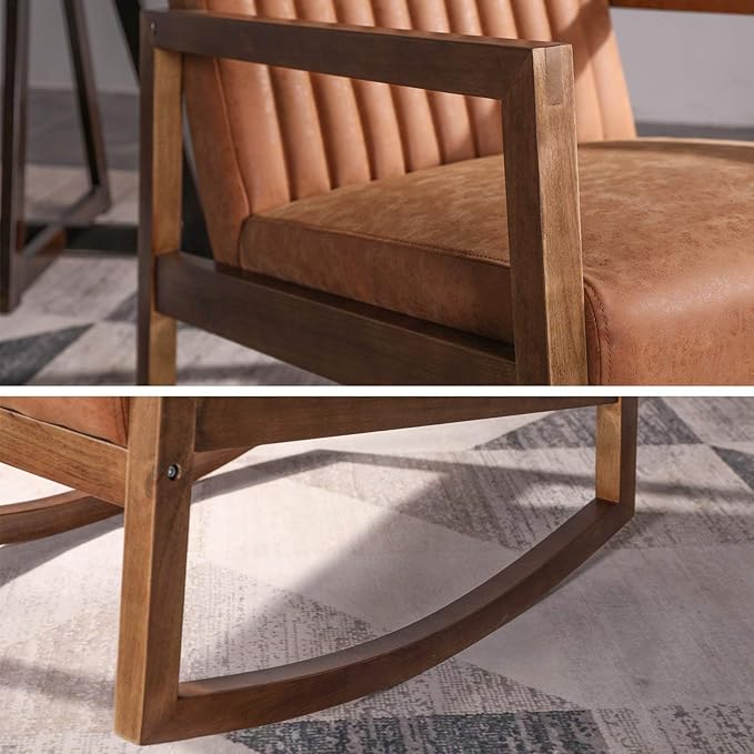 Mid Century Rocking Chair with Wood Frames Faux Leather Upholstered Farmhouse Living Room Chair for Living Room Bedroom Burnt Orange