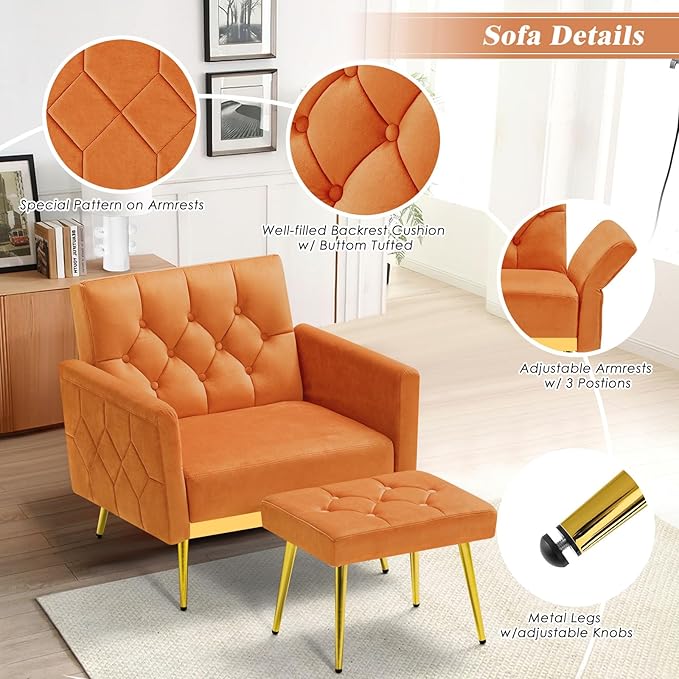 Velvet Accent Chair w/Adjustable Armrests and Backrests Tufted Single Sofa with Ottoman Upholstered Reading Chiar for Living Room Apartment Bedroom Orange