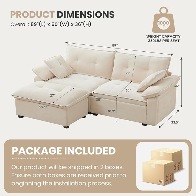 89 L Shaped Sectional Couch Comfy Modular Sectional Cloud Couch with Movable Ottoman 2-Seater Chenille Deep Seat Loveseat with Throw Pillows/USB for Living Room Apartment (Beige)