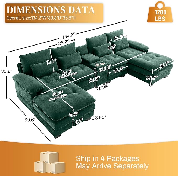 134U Shaped Sectional Couches for Living RoomOversized Modular Sectional Fluffy Couch with Chaise Lounge &amp Tufted ButtonsModern Chenille 6 Seat Living Room Sofa Set with Storage ConsoleGreen