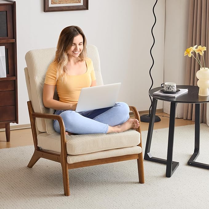 Karl home Mid-Century Modern Accent Chair Living Room Chairs with Pillow High Back Corduroy Upholstered Lounge Armchair with Solid Wood Frame &amp Soft Cushion for Bedroom Reading Room Beige