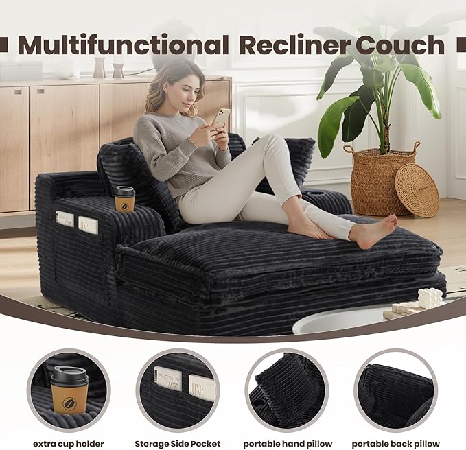 67 Chaise Lounge Chair Indoor Cozy Oversized Fluffy Sofa with Cup Holders &amp Throw Pillows Boneless Sleeper Cloud Couch for Living Room Movie Room and Apartments Black