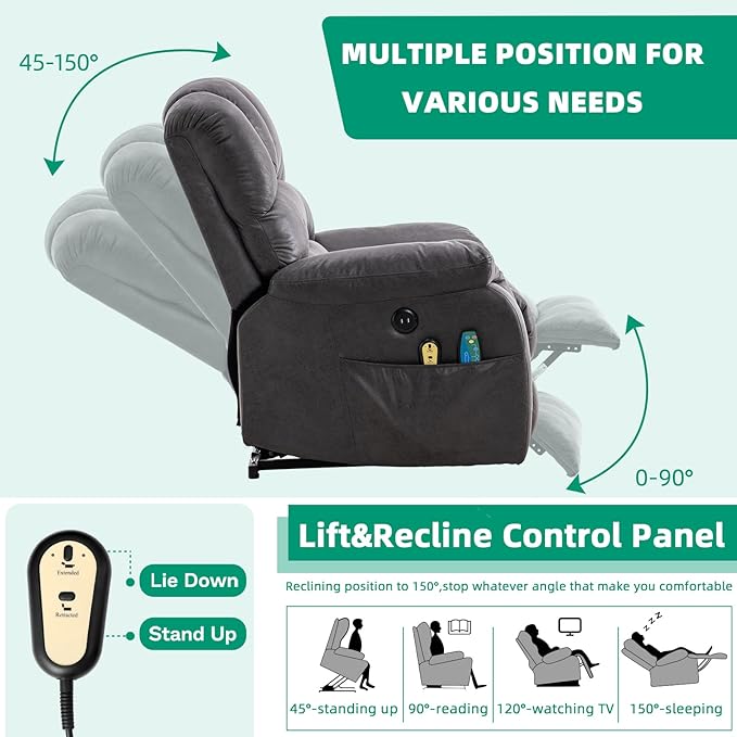 VIVIJASON Large Power Lift Chair Electric Recliner with Heat &amp Massage for Elderly Big People Heavy Duty and Safety Motion Wide Recliners with 2 Remote Controls Side Pockets &amp USB Ports Gra