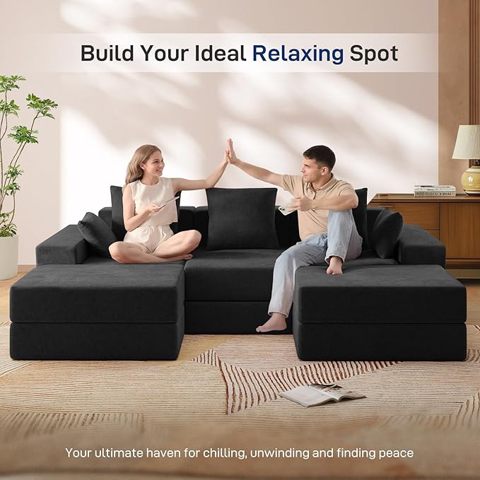 Living&ampGiving 101 U-Shaped Cloud Sectional Couch for Living Room Cloud Boneless Couch-No Assembly with Reversible Chaise Customizable 3-Seat Modular Sectional Sofa with 2 Ottoman Black