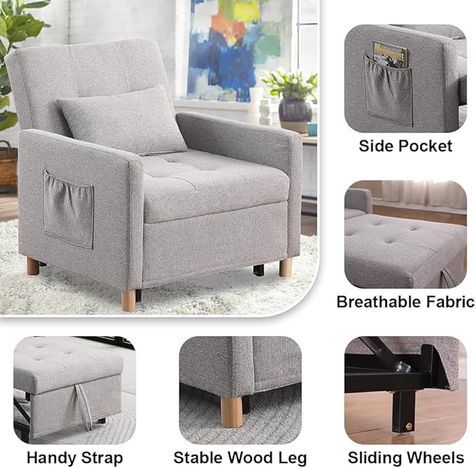 Sleeper ChairConvertible Sleeper Sofa ChairPull Out Sleeper Chair with Adjustable BackrestMulti-Functiona Lounge Chair for Living Room(Light Grey)
