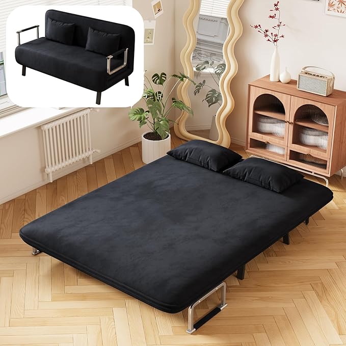 Convertible Sofa Bed Full Size Velvet Tri-Fold Sofa Bed with 6-Position Adjustable Backrest Multi-Functional Folding Chaise Lounge Couch for Home Office 55 W x 74.8 L Black