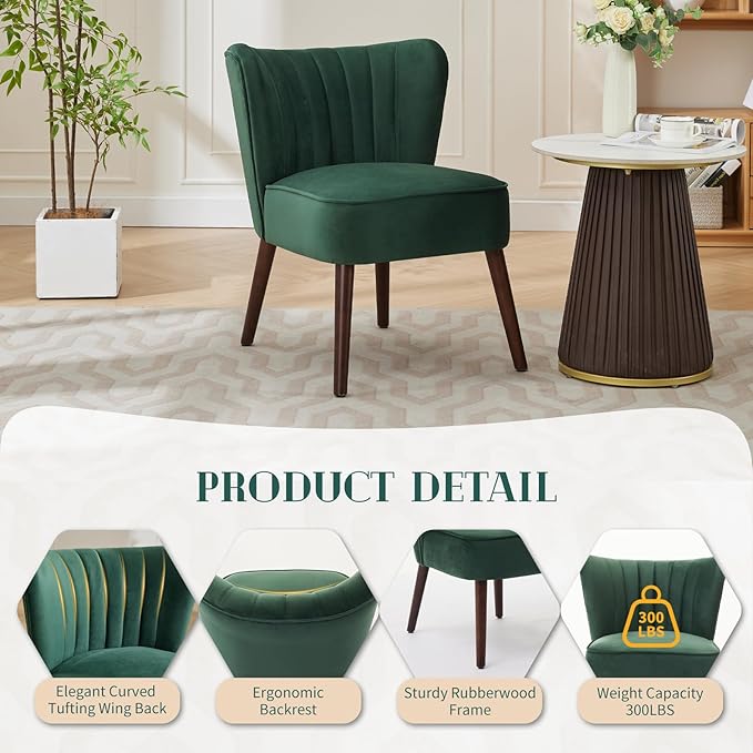 Modern Velvet Accent Chair Set of 2 Soft Upholstered Living Room Chair with Wooden Legs Comfy Armless Lounge Chair for Living Room/Makeup/Office/Bedroom Green