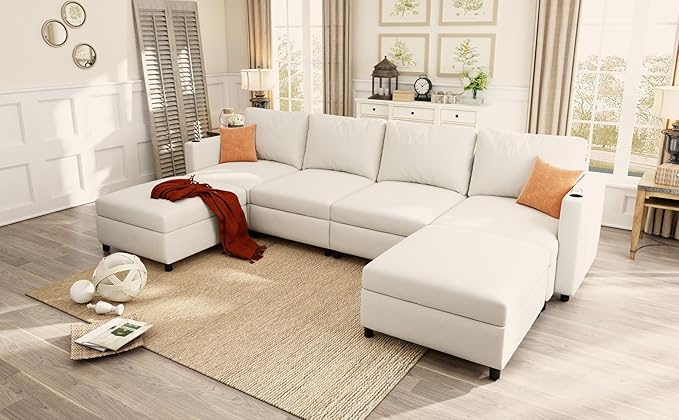 123 Large Modular Sectional SofaModern U-Shaped Sectional couch with Storage6-Seater Deep Seat Chenille Fabric Sofa for Living Room L-Shape Convertible with Movable Ottoman &amp Cup Holders (Whit