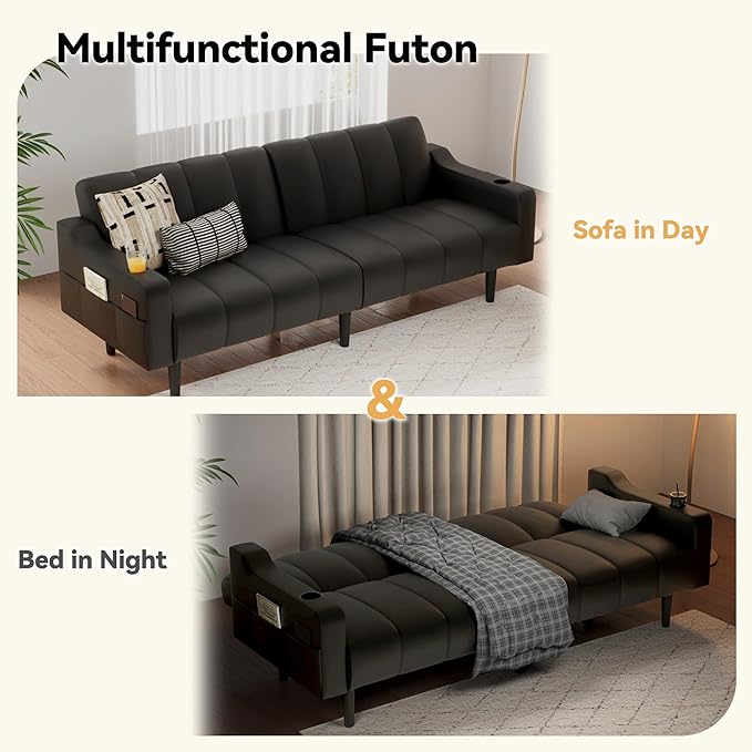 Brelice 80'' Leather Couch Futon Sofa Bed Faux Leather Couch with Adjustable Backrest 2 Cup Holders &amp Side Pockets Mid Century Modern Sofa for Living Room Bedroom Black