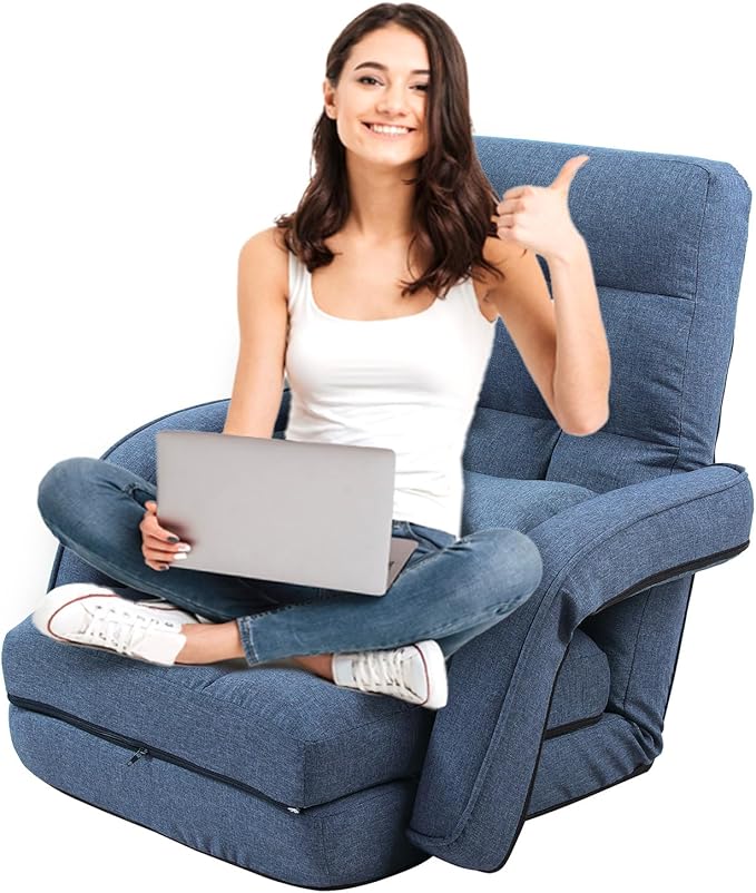 FLOGUOR 42-Position Adjustable Floor Chair Chaise Lounge Indoor Folding Lazy Sofa with Armrests and a Pillow Padded Adults Gaming Chairs for Living Room Bedroom Factory Price 8803XM (Blue)