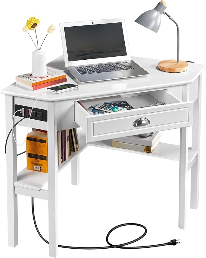 Yaheetech L Shaped Corner Computer Desk with Power Outlets Reversible Triangle Workstation with USB Ports and Hook for Small Space Modern Home Office Desk Gaming Table with Drawer &amp Shelf White
