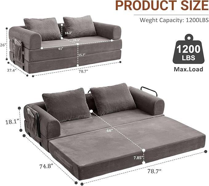79 Convertible Sofa Bed 5-in-1Boneless Couch for Living Room with 2 Pillows Corduroy Folding Sleeper Sofa Bed Boneless Cloud Loveseat Futon Sofa Bed for Living Room Bedroom LoungeDark Gray