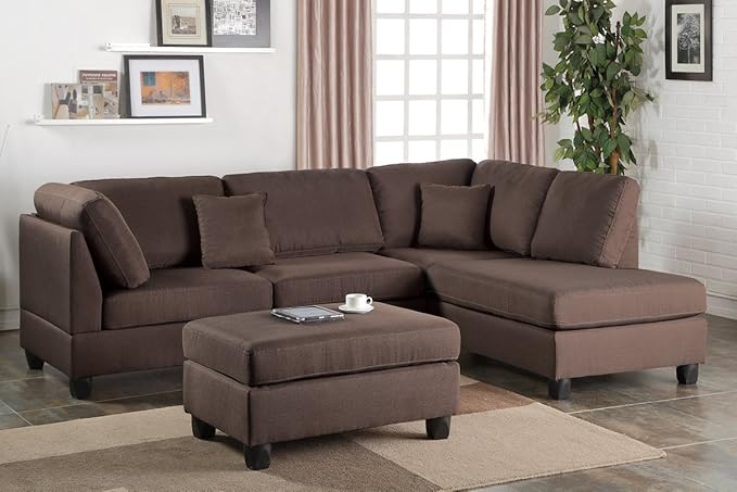 Poundex Bobkona Dervon Linen-Like Left or Right Hand Chaise Sectional with Ottoman Set Chocolate