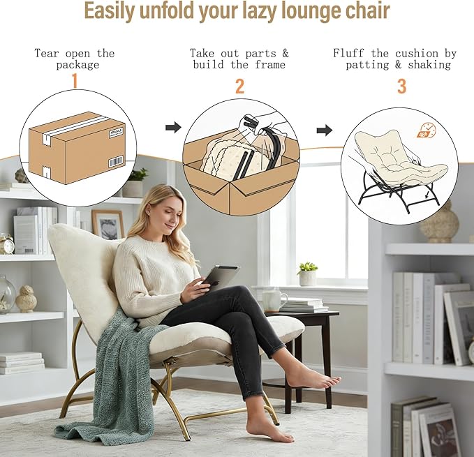Tiita Accent Lazy Chair Comfy Lounge Chair with Metal Frame and Plush Fabric Spacious Seat Cozy Recliner Chair for Reading Room Living Room Bedroom Office Beige