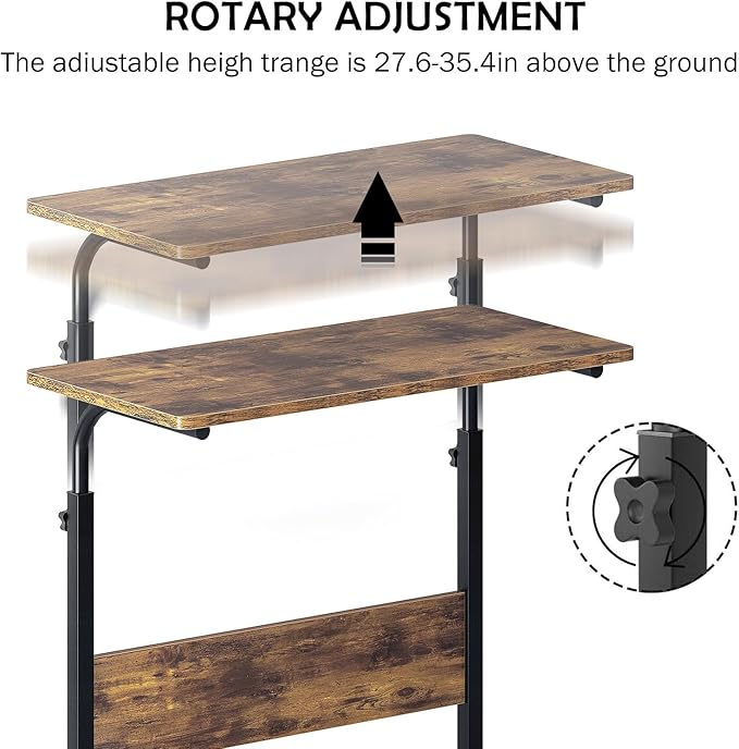 sogesfurniture Office Desk Computer Table Cart 31.5 inch Removable Laptop Desk Cart Height Adjustable Side Desk Workstation Sofa Side Table with Wheels Rustic Brown