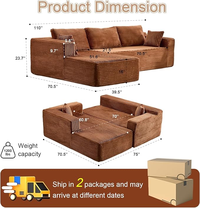 110 Modular Sectional Sofa with L-Shape Chaise Boneless Cloud Couch with Deep Seat Sponge Compression Sofas No Assembly Required Upholstered Couches for Living Room Bedroom Corduroy (Brown)