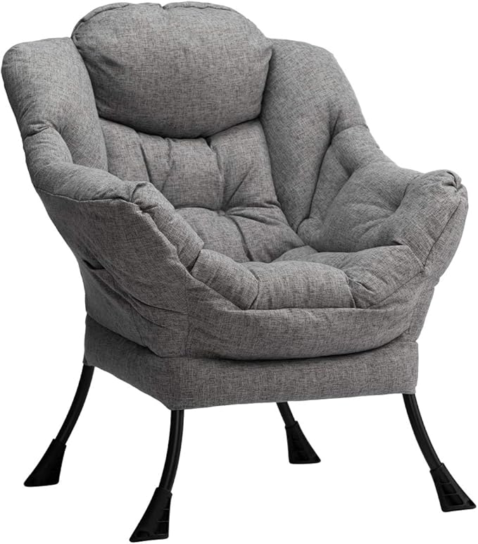 HollyHOME Lazy Chair with Armrest and Side Pocket Comfy Accent Lounge ChairLeisure Sofa Armchair for Living Room Bedroom Dorm or Small Spaces Oversized Reading Sofa ChairCotton-Linen Grey