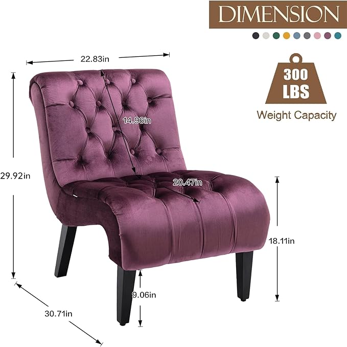 KINFFICT Velvet Accent Lounge Chair for Living Room Modern Leisure Chair with Tufted Backrest Indoor Armless Side Chair Upholstered Bedroom Sleeper Chairs with Solid Wood Legs