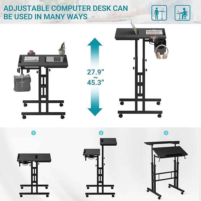 Klvied Adjustable Height Standing Desk with Cup Holder Portable and Easy to Move Ideal for Home or Office Black