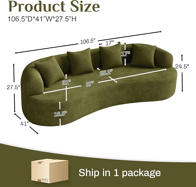 107 Curved Sofa for Living Room Modern Chenille Cloud Couch Sofa Luxury Plush Extra Deep 4-Seater Oversized Boucle Couch for Small Spaces Apartment‌ No Assembly Required Green