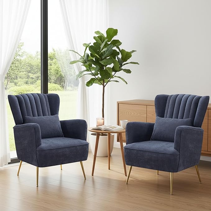 Chenille Accent Chair Set of 2 with Lumbar Pillow Modern Wingback Chair for living room with Metal Legs Upholstered Arm Chair with Thick Cushion Reading Chairs for bedroom Comfy Sofa Chair Blue