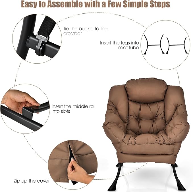 Giantex Modern Lazy Chair Accent Contemporary Lounge Chair Polyester Fabric w/Steel Frame Upholstered Single Sofa Chair w/Armrests &amp Side Pocket Leisure Sofa Chair (Brown)