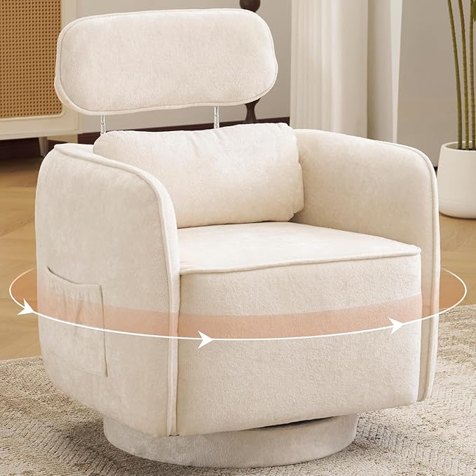 Modern 360°Swivel Accent Chair Set of 2 with Adjustable Headrest Round Swivel Barrel Chairs with Lumbar Pillow Vanity Chair for Makeup Comfy Living Room Armchair for Living Room Bedroom Beige