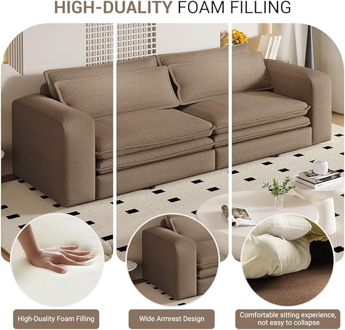 KEIKI 93 King Size Sleeper Sofa Bed 3 in 1 Convertible Sleeper Sofa Pull Out Sofa Bed 3 Seat Teddy Couch with 2 Lumbar Pillows for Living Room Apartment Office Studies Camel