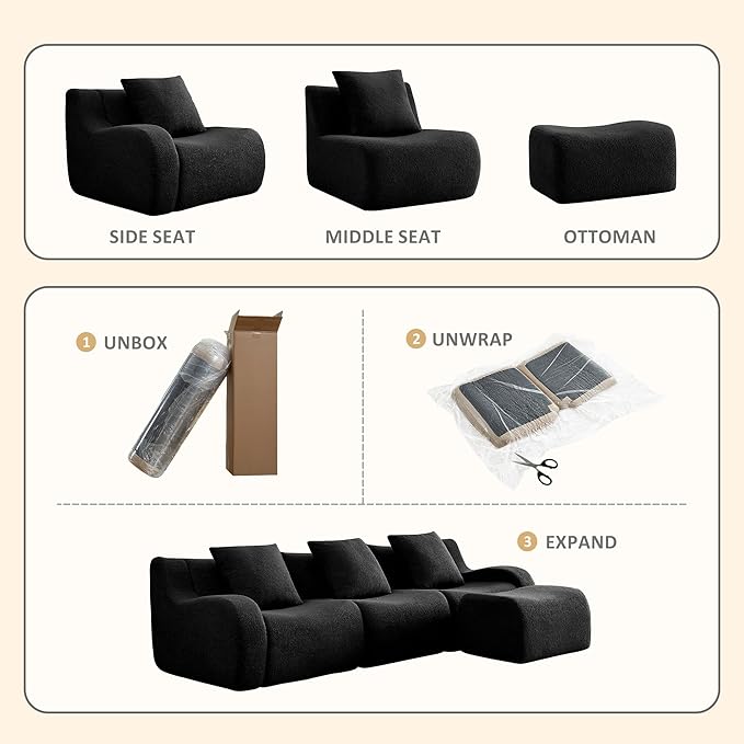 115 Modular Boneless Sectional Sofa Boneless Couch for Living Room and Apartments 32D High Density Sponge No Assembly Required (3 Seater) Black