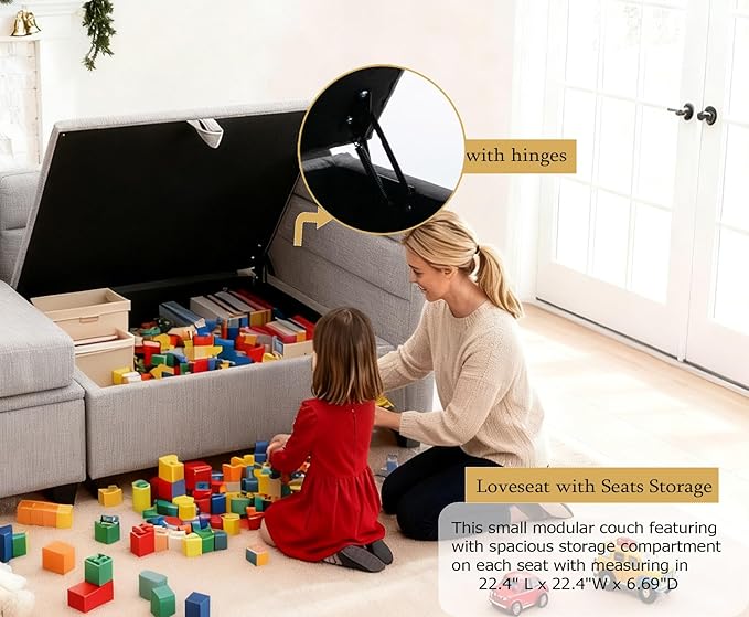 asunflower Loveseat Sofa with Seats Storage Modular Sectional Sofa Small Couch with Ottoman for Small Spaces Convertible L Shaped Love Seat 2 Seater Couch for Bedroom Home Office(Grey)