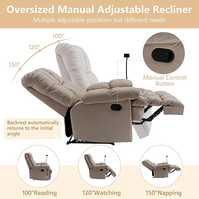 Oversized Recliner Chairs for Adults 400LBS Extra Wide Recliner with Overstuffed Armrest and Backrest Velvet Big and Tall Recliners for Living Room Beige