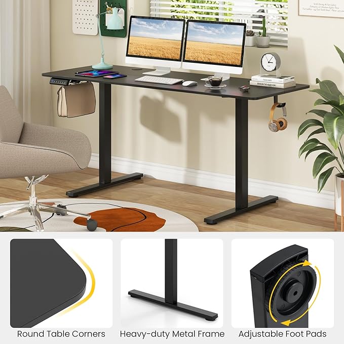 Tangkula 63 Inch Height Adjustable Electric Standing Desk Extra Large Sit Stand Desk with 3 Memory Height Settings Anti-Collision System 2 Hanging Hooks &amp Wire Holes Rising Desk for Home Offic