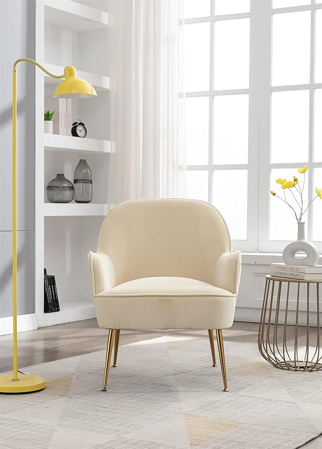 Modern Ergonomics Soft Velvet Fabric Material Armchair Accent Chair with Gold Legs Coffee Table Side Chair Comfy Upholstered Arm Chair for Indoor Home Living Room Bedroom (Cream White)
