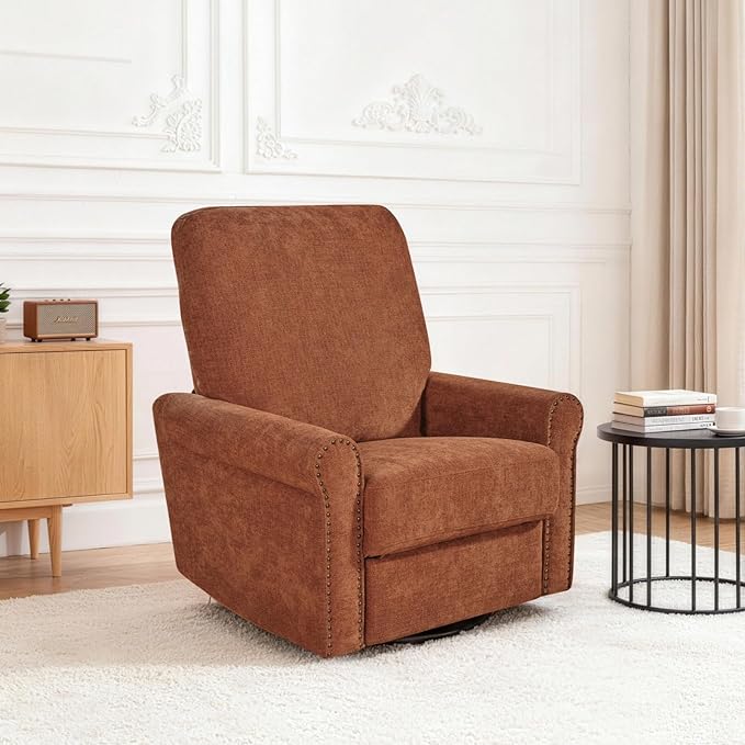 360° Swivel Rocker Recliner Chair with Upholstered Backrest Small Rocking Recliner for Small Spaces Chenille Fabric Glider Recliner Nursery Chair (Chenille-Red One Chair)