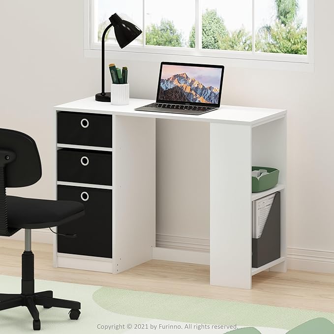Furinno Jaya Desk 39.4 Wide Gaming Desk with Drawer Bins Computer Desk with Side Book Shelf Writing Desk Office Desk for Home Office Study Room Dorm Bedroom White