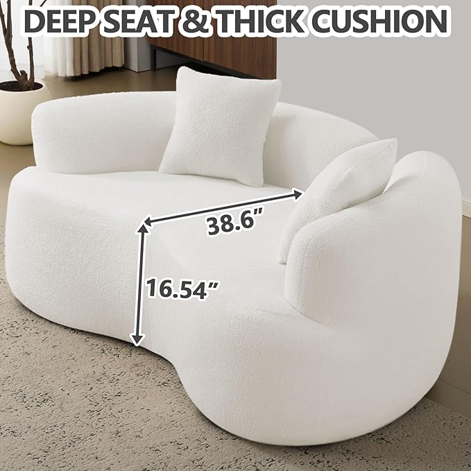 67 White Curved Loveseat with Round Armrest Round Couch in a Box Boneless Curved Sofa for Living Room Bedroom Small Space Teddy No Assembly Broken Design (White)