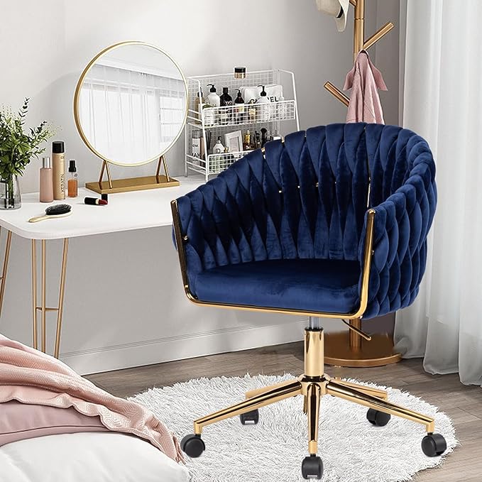 Velvet Office Chair with Back Vanity Chairs with Wheels 360° Swivel Velvet Home Office Desk Chair Accent Chair Makeup Vanity Chair for Bedroom Living Room(Blue)