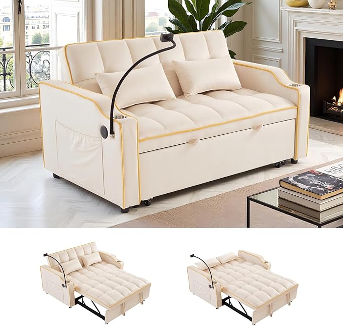 Loveseat Pull Out Couch 3 in 1 Convertible Sofa Bed Adjustable Backrest with Phone Holder Side Pocket &amp USB Port Modern Sofa for Living Room Bedroom Apartment (White)