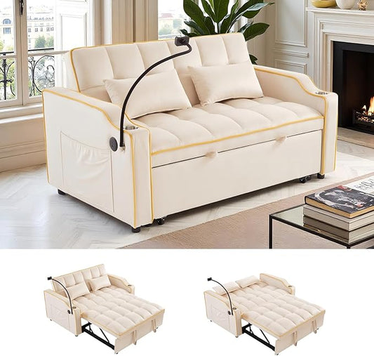 Loveseat Pull Out Couch 3 in 1 Convertible Sofa Bed Adjustable Backrest with Phone Holder Side Pocket &amp USB Port Modern Sofa for Living Room Bedroom Apartment (White)