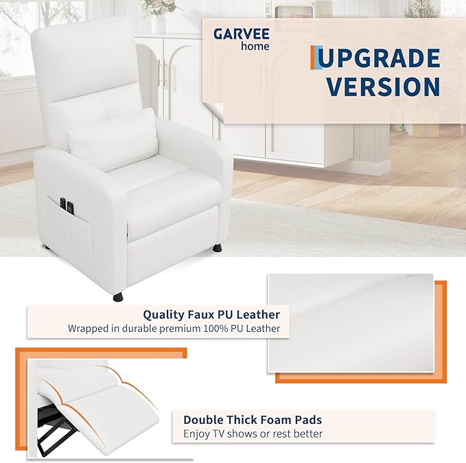 GarveeHome Power Recliner Chair with Massage and Heat Adjustable Electric Recliner Ergonomic Overstuffed PU Leather Single Sofa 2 Side Pockets and USB Port Home Theater Seating for Living Room