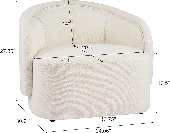 Scott Living Amanda Carly Low Profile Accent Chair Round Backrest Side Chair Living Room Armchair with Boucle Fabric Cushion Comfy Reading Chair for Bedroom Wooden Single Lounge Sofa Cream